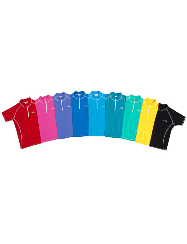 חולצות בגד ים שרוול קצר עם ריץ רץ קידמי במגוון רחב של צבעים